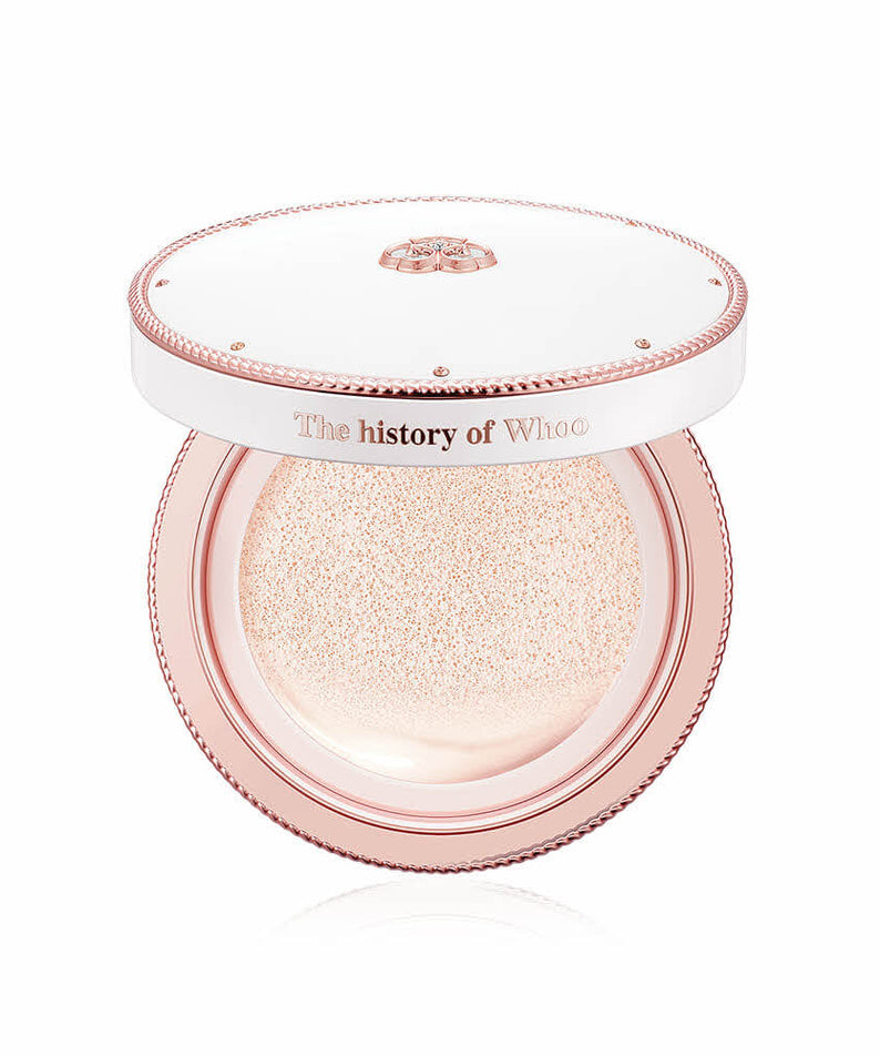 THE WHOO Gong Jin Hyang Seol Whitening Tone Up Sun Cushion SPF50+PA++++ in a round container with decorative lid.
