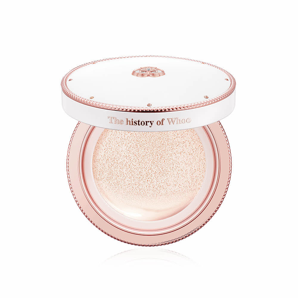 THE WHOO Gong Jin Hyang Seol Whitening Tone Up Sun Cushion SPF50+PA++++ in a round container with decorative lid.