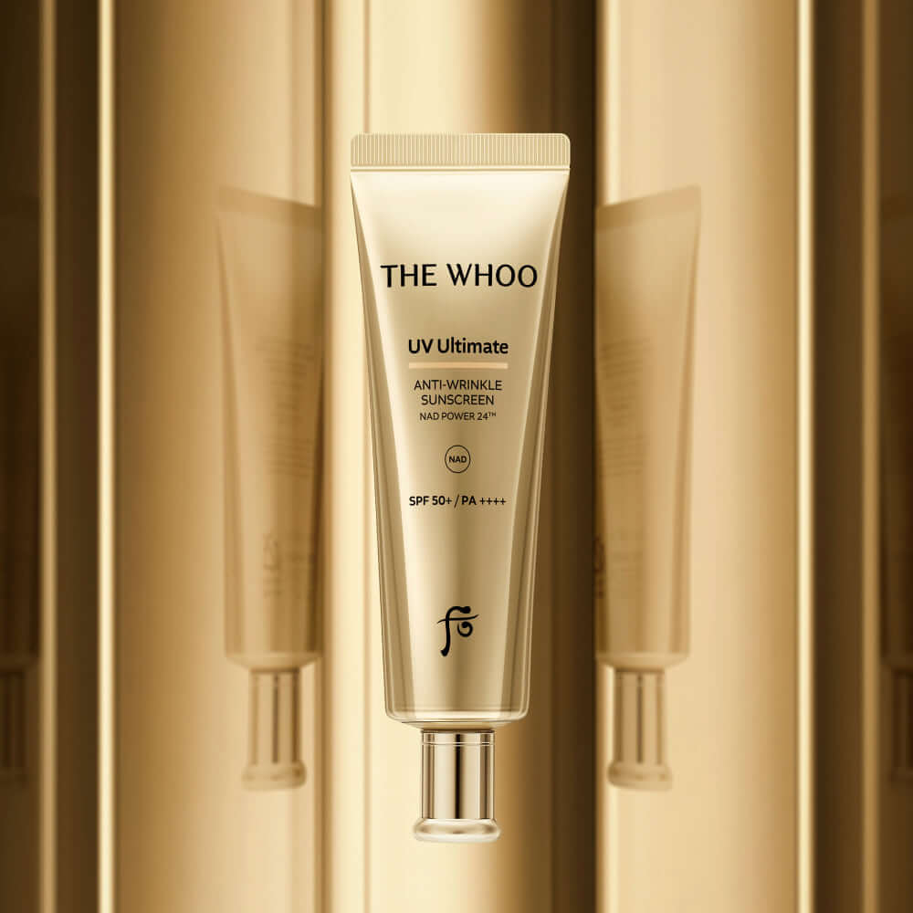 THE WHOO UV Ultimate Anti-Wrinkle Sun 50ml tube against gold background