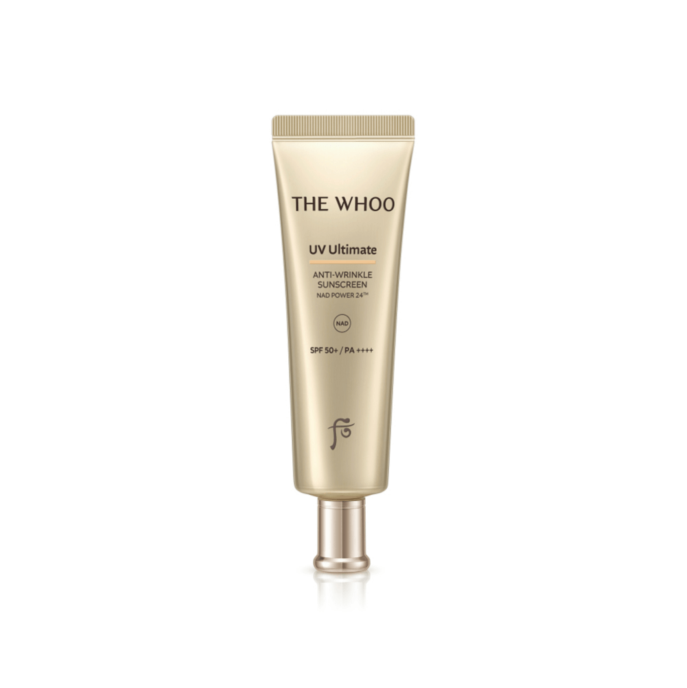 Image of THE WHOO UV Ultimate Anti-Wrinkle Sun 50ml sunscreen tube with SPF 50+ and PA++++ protection.