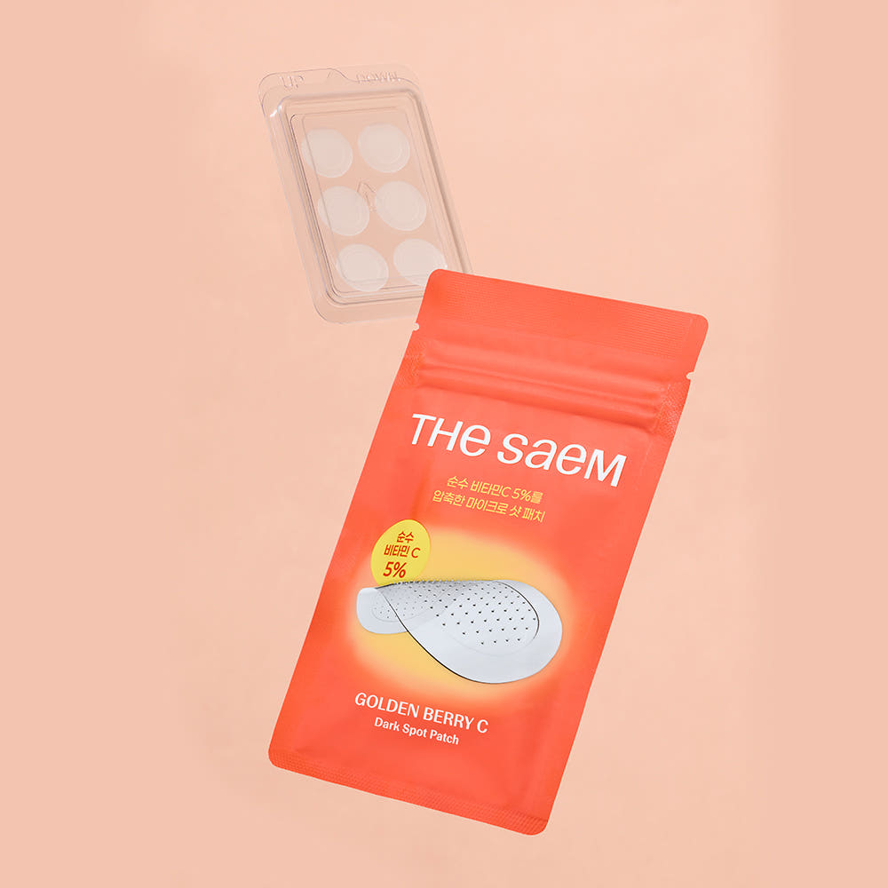THE SAEM Golden Berry C Dark Spot Patch packaging on a peach background