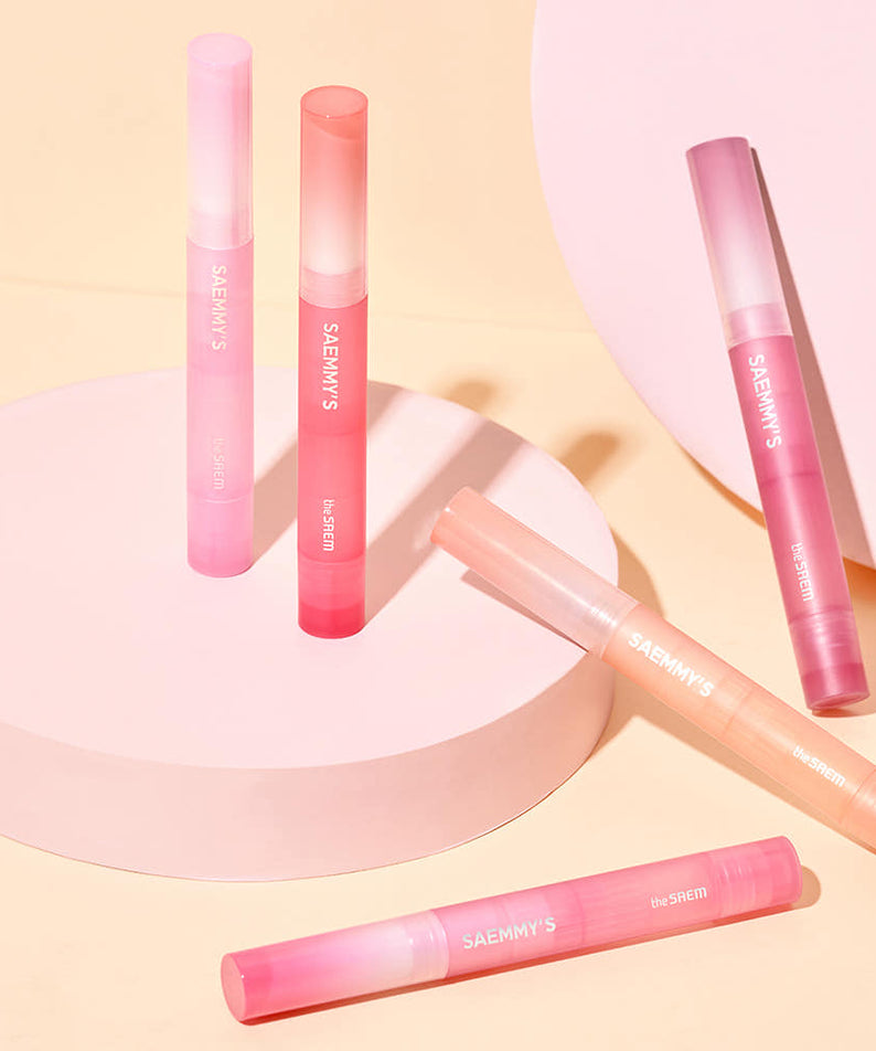 THE SAEM Saemmy's Crema Velvet Lipstick collection displayed on pastel pink backdrop.