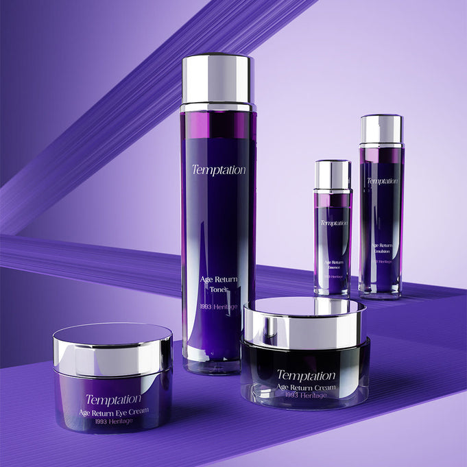 THE SAEM Temptation Age Return Emulsion 130ml with matching skincare set displayed on a purple background.