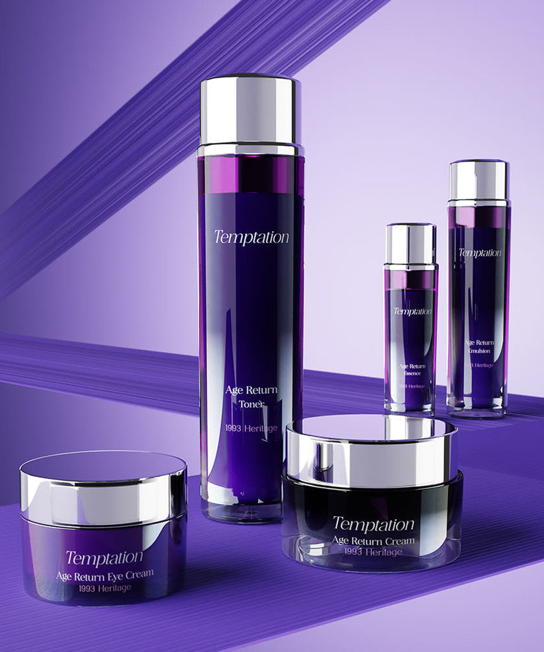 THE SAEM Temptation Age Return Emulsion 130ml with matching skincare set displayed on a purple background.