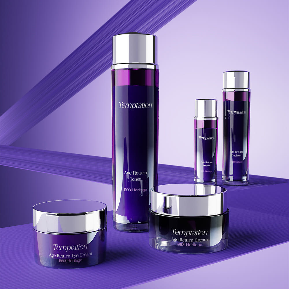 THE SAEM Temptation Age Return Emulsion 130ml with matching skincare set displayed on a purple background.