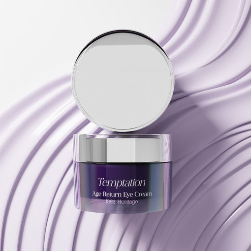 THE SAEM Temptation Age Return Eye Cream 30ml in elegant packaging with open lid against a textured background