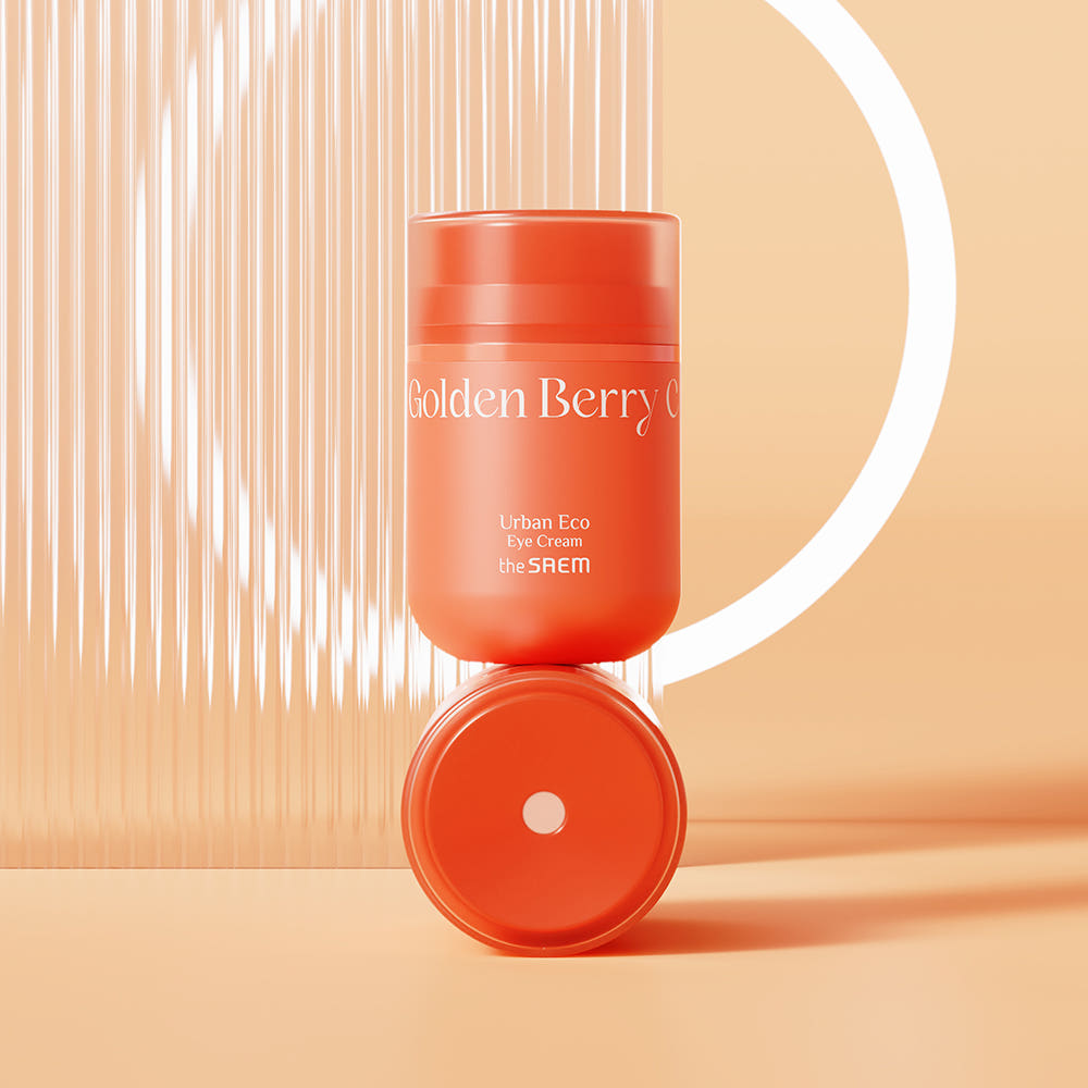 THE SAEM Urban Eco Golden Berry C Eye Cream 30ml displayed with an orange background