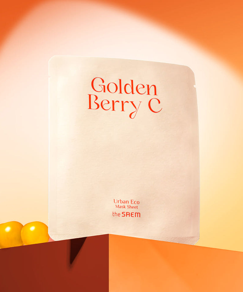 THE SAEM Urban Eco Golden Berry C Mask Sheets 10 Sheets packaged product on orange background