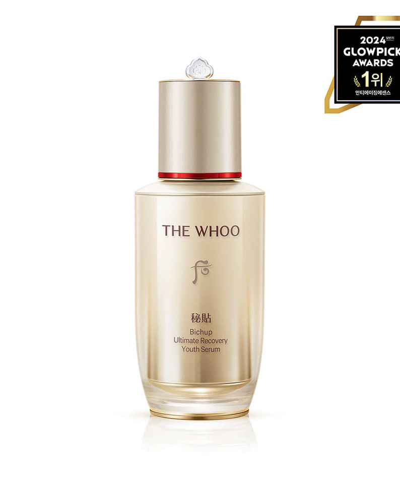 THE WHOO Bicheop Seft-Growing Essence 50ml bottle with award logo, luxury skincare product for youthful skin.