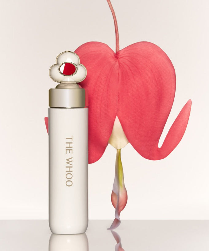 THE WHOO Essentail Lip Glow Balm with elegant floral backdrop