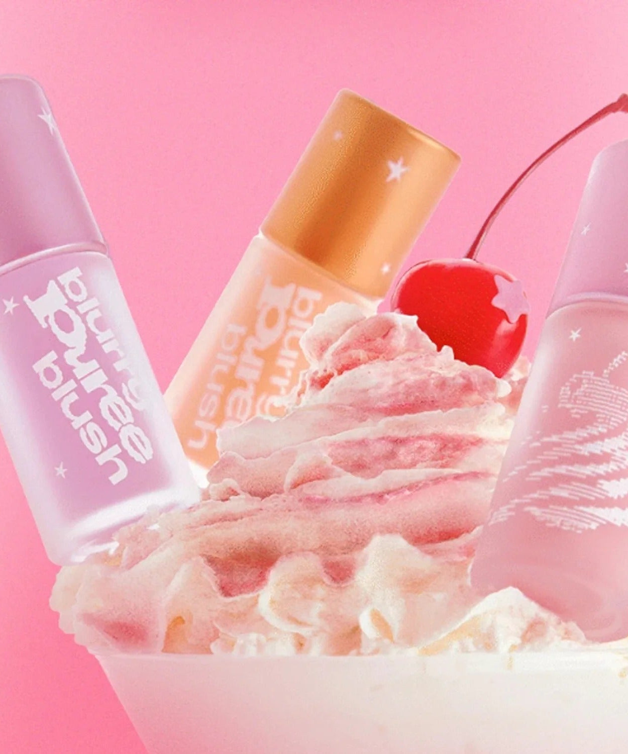 TIP TOE Blurry Puree Blusher bottles with whipped cream and cherry, showcasing colorful blush shades.