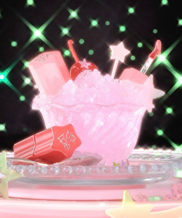 TIP TOE Glowit Sorbet Tint displayed in a starry-themed sorbet glass, showcasing vibrant tint products under glowing lights.