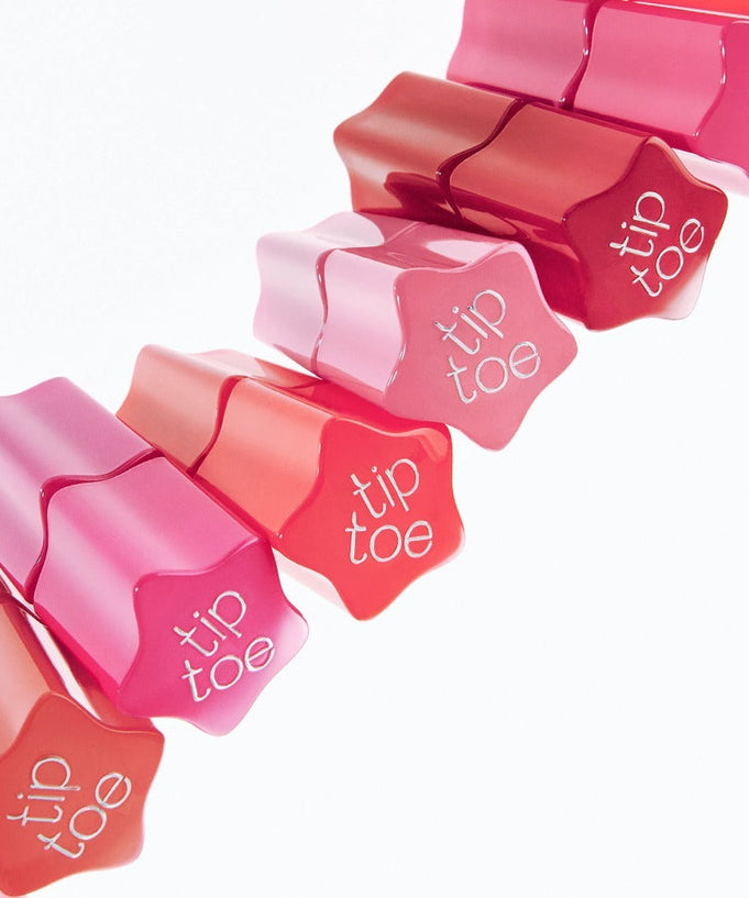 Colorful TIP TOE Glowit Sorbet Tint lipstick lineup in star-shaped cases
