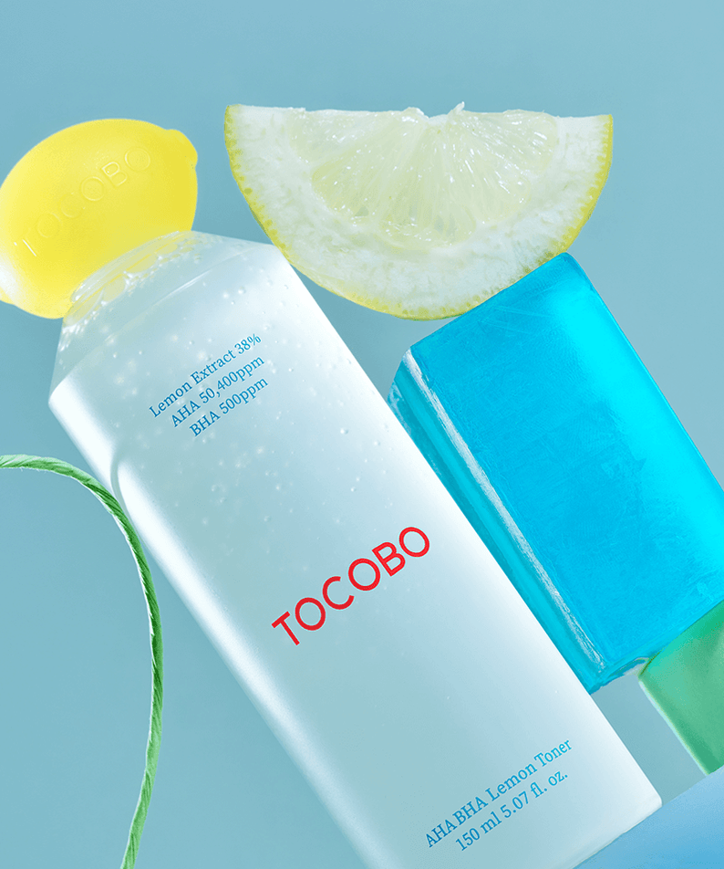 TOCOBO AHA BHA Lemon Toner with fresh lemon slice and packaging