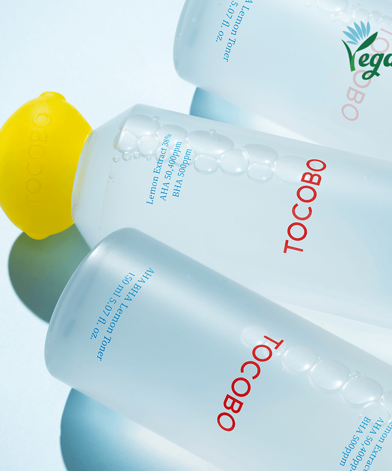TOCOBO AHA BHA Lemon Toner with vegan certification and lemon extract shown in angled shot.