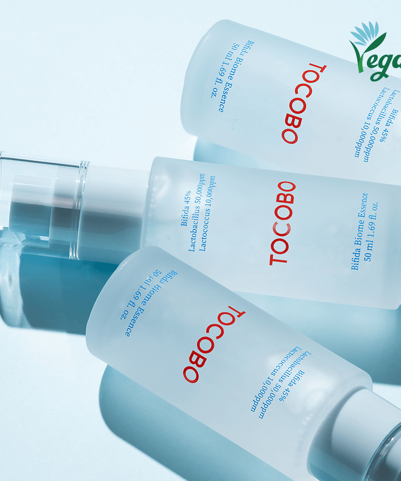TOCOBO Bifida Biome Eessence bottle with vegan label on blue background