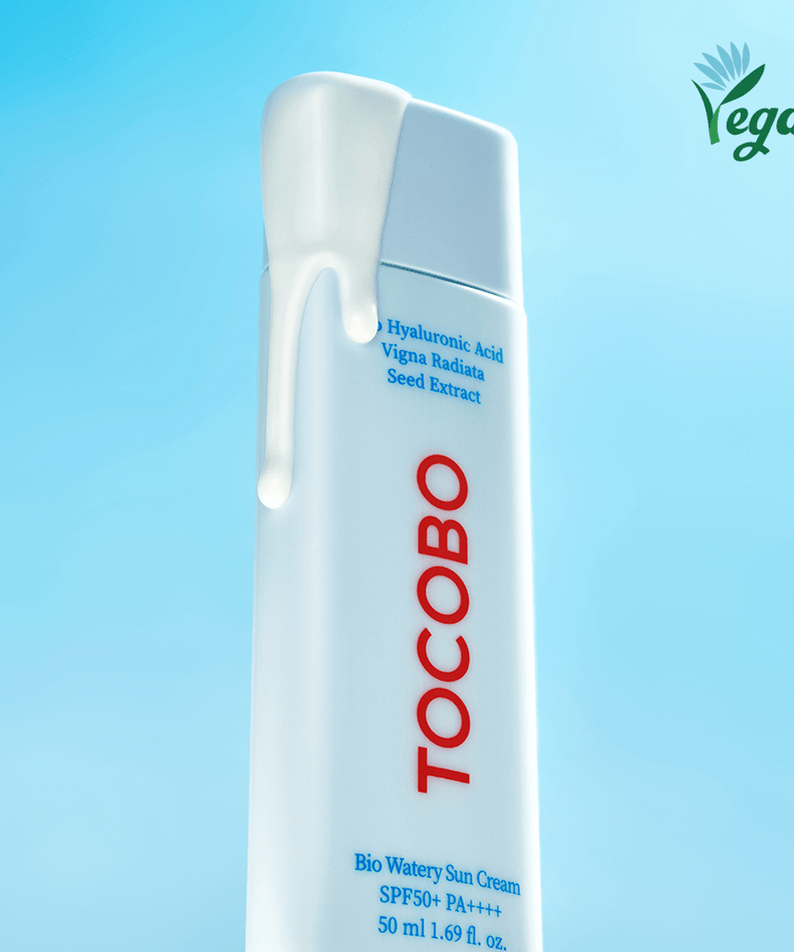 TOCOBO Bio Watery Sun Cream SPF50+ PA+++ with Hyaluronic Acid and Vigna Radiata Seed Extract vegan formula.