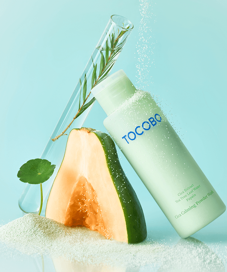 TOCOBO Cica Calming Powder Wash with fresh ingredients and soothing elements.