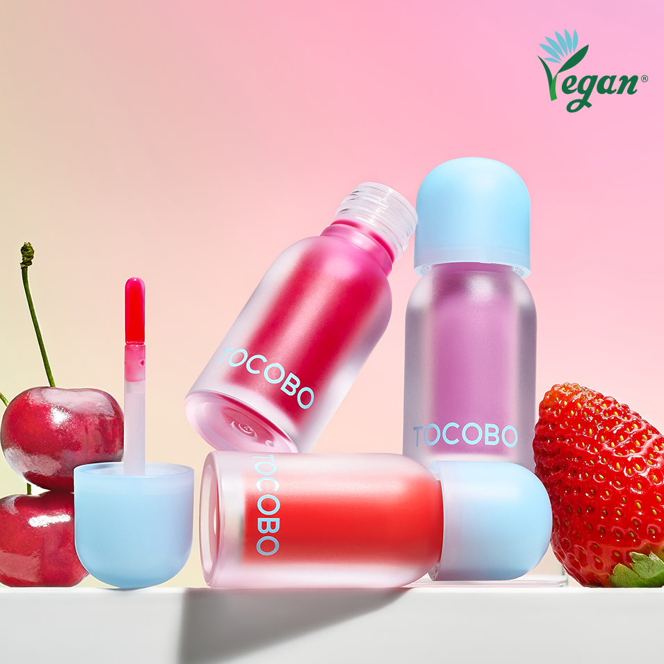 TOCOBO Juicy Berry Pluming Lip Oil with fruits, vegan formula, hydrating and glossy finish.