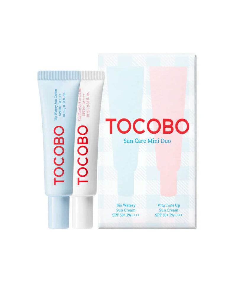 TOCOBO Sun Care Mini Duo set with SPF 50+ sunscreen, includes Bio Watery Sun Cream and Vita Tone Up Sun Cream, product packaging.