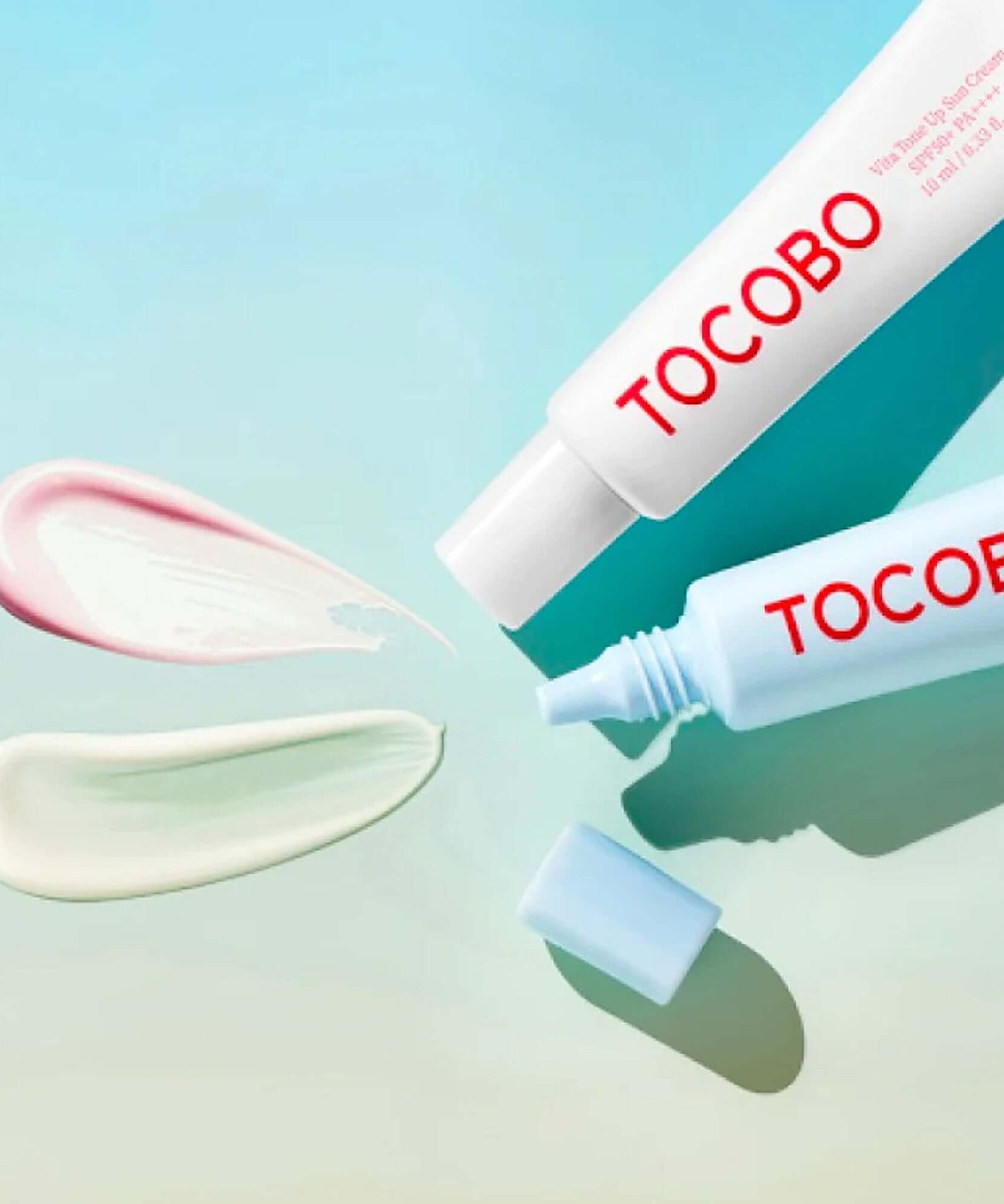 TOCOBO Sun Care Mini Duo featuring two tubes with cream swatches on a gradient background.