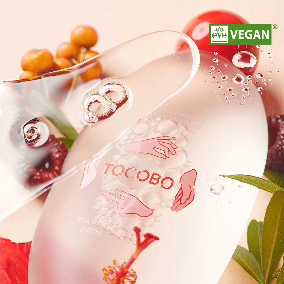 TOCOBO Vita Berry Pore Toner 150ml with berries and vegan certification in background