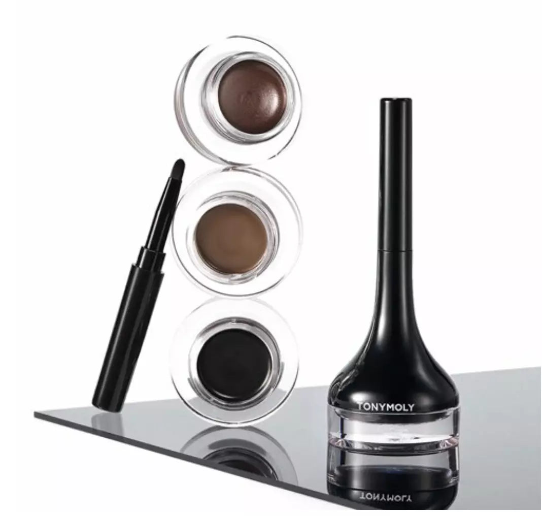 TONY MOLY Back Gel Eyeliner Z with applicator and gel pots on a reflective surface.