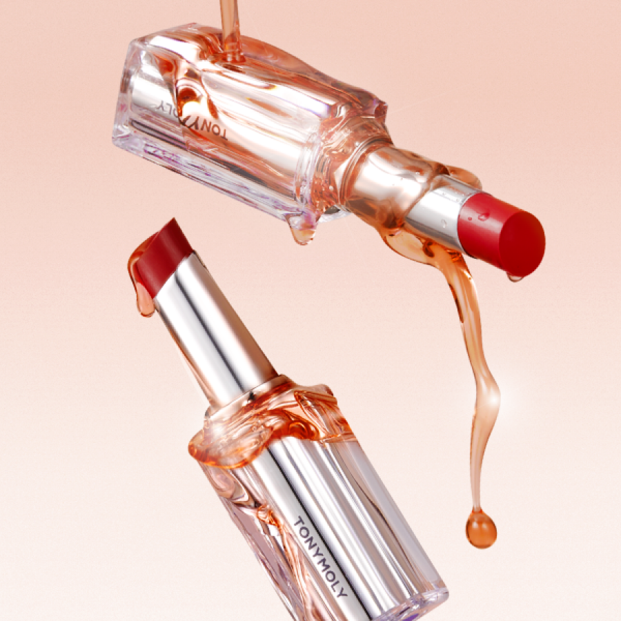 TONY MOLY Get It Tint Syrup Stick with vibrant, glossy finish showcasing lipstick and syrup texture.