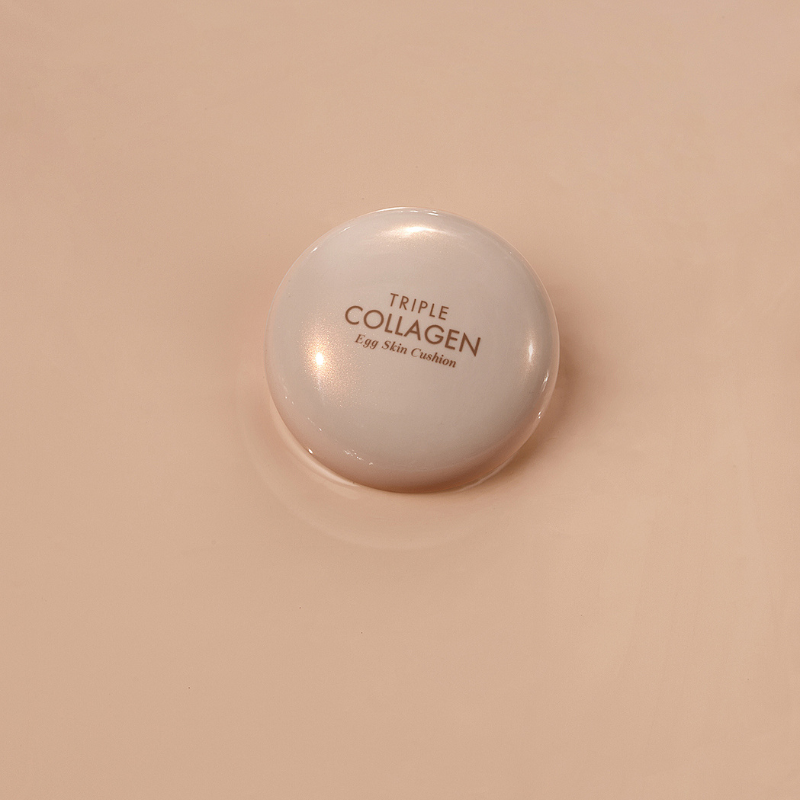 TONY MOLY Triple Collagen Egg Skin Cushion in minimalist white compact, enhancing skin with triple collagen benefits.