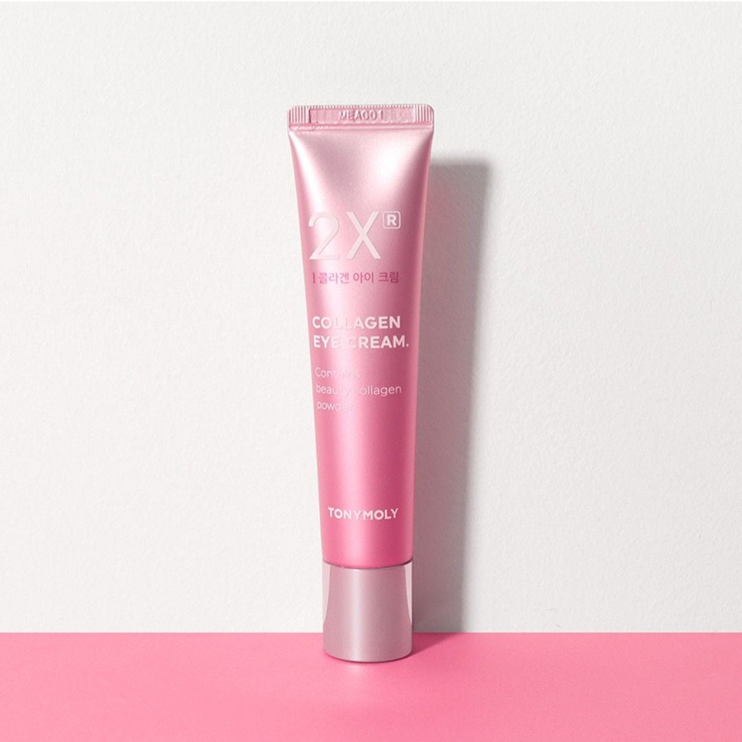 TONYMOLY 2Xr Collagen Eye Cream 30ml - pink tube packaging on a pink background.