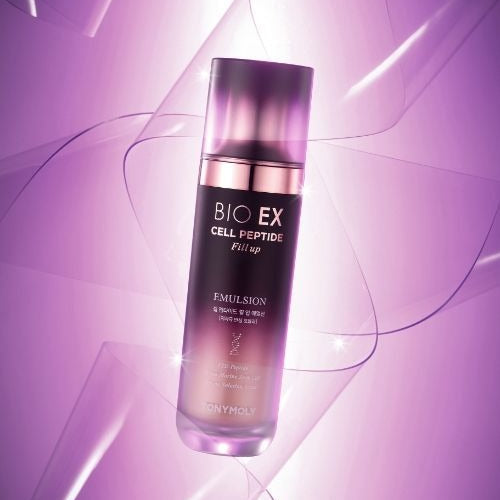 TONYMOLY Bio EX Cell Peptide Fill Up Emulsion 130ml showcasing elegant packaging against a purple abstract background.