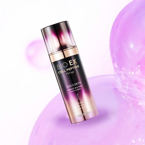 TONYMOLY Bio EX Cell Peptide Fill Up Emulsion 130ml in stylish packaging with a purple background.
