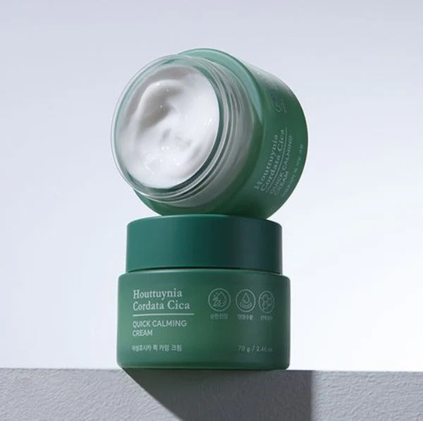 TONYMOLY Houttuynia Cordata Cica Quick Calming Barrier Cream 70g in green jar, opened to show cream texture