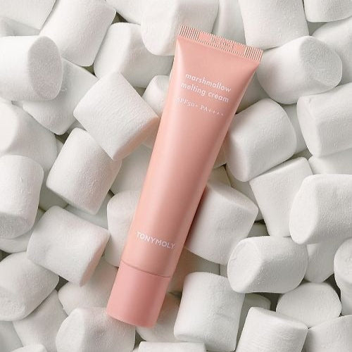 TONYMOLY Marshmallow Melting Cream 30g tube surrounded by marshmallows, highlighting unique skincare product in texture and design
