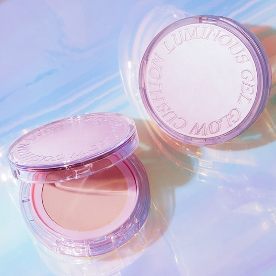 TONYMOLY My Luminouse Gel Glow Cushion 15g in pink packaging, open to show the cushion pad against a pastel background.