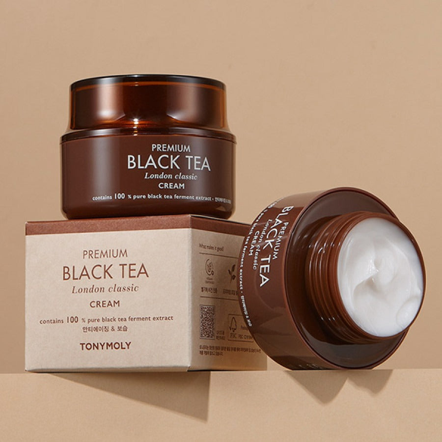 TONYMOLY Premium Blacck TeaLondon Classic Cream 50ml jar and packaging on display