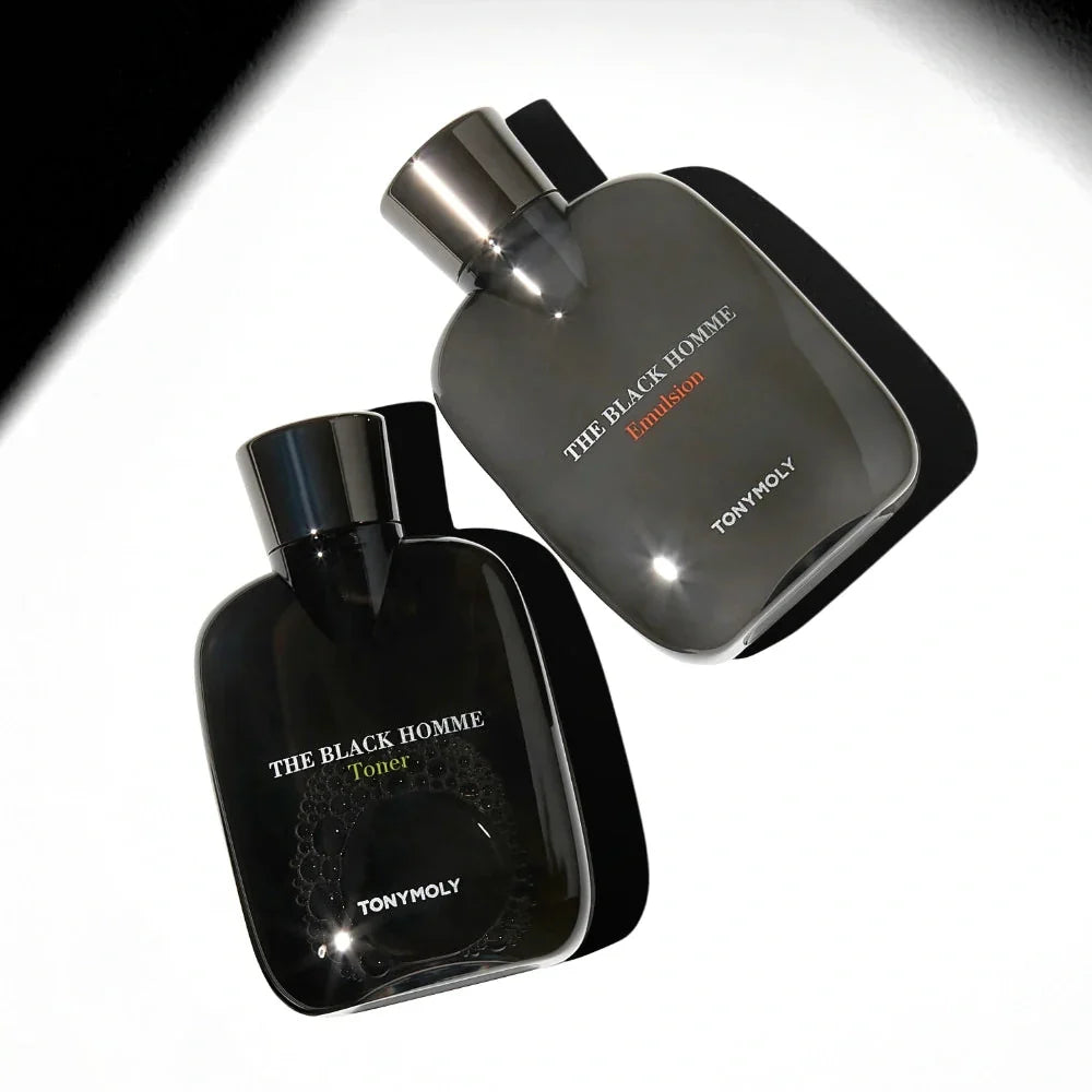TONYMOLY The Black Homme 2 Pieces Set - Gentleman Korea export photo of two black men's skincare bottles for grooming and fragrance
