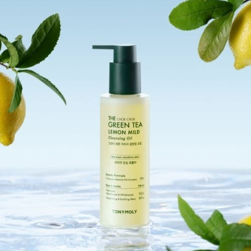 TONYMOLY The Chok Chok Green Tea Lemon Mild Cleansing Oil 200ml with green tea and lemon essence on a serene watery background