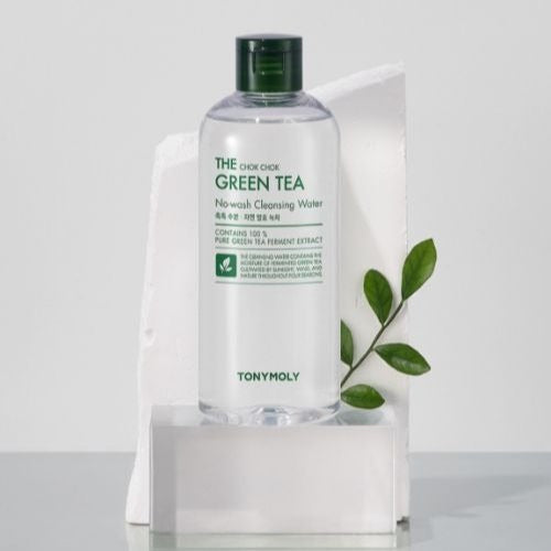 TONYMOLY The Chok Chok Green Tea No-wash Cleansing Water 300ml bottle with green tea leaf accent on white background.