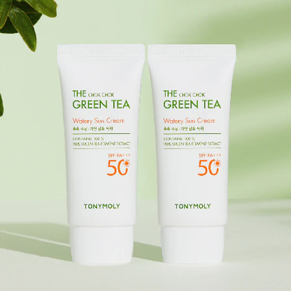 Two tubes of TONYMOLY The Chok Chok Green Tea Watery Sun Cream 50ml with SPF 50+ on a light green background