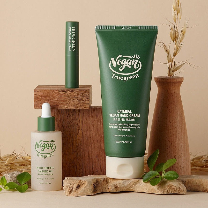TONYMOLY Truegreen Oatmeal Vegan Hand Cream 200ml tube with additional skincare products in an elegant setup