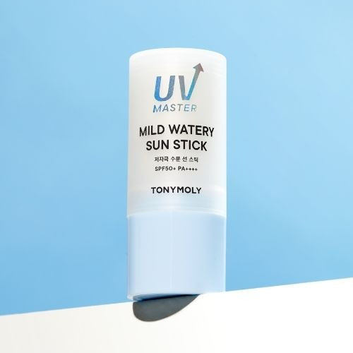 TONYMOLY UV Master Mild Moisture Sun Stick 20g in blue packaging against a light blue background