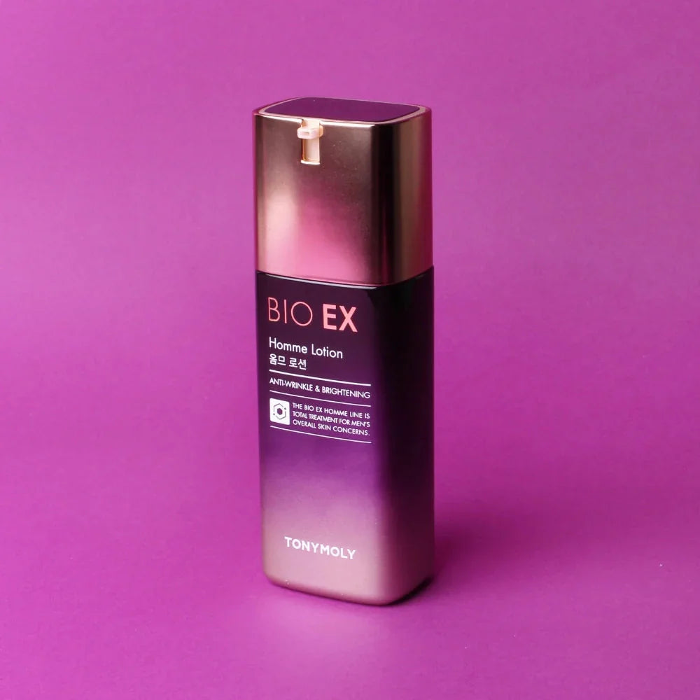 TONYMOLY Bio EX Homme Lotion 130ml – Gentleman Korea premium Korean men’s skincare lotion bottle on pink background