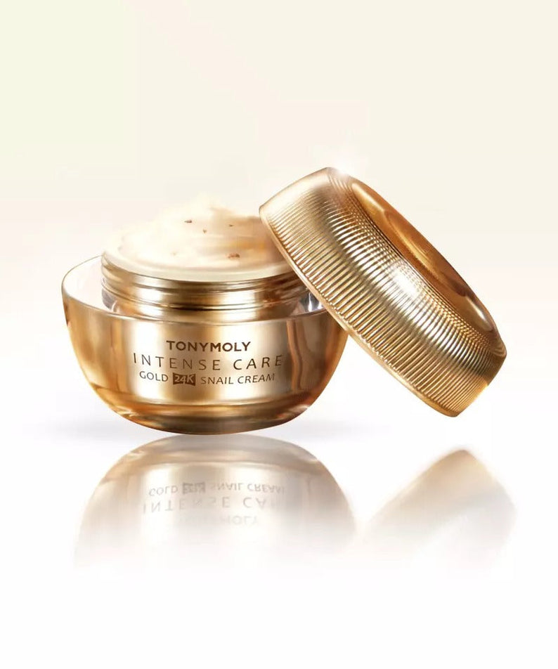 Open jar of TONYMOLY Intense Care Gold24K Snail Cream 45ml with gold lid, showcasing luxurious skincare product.