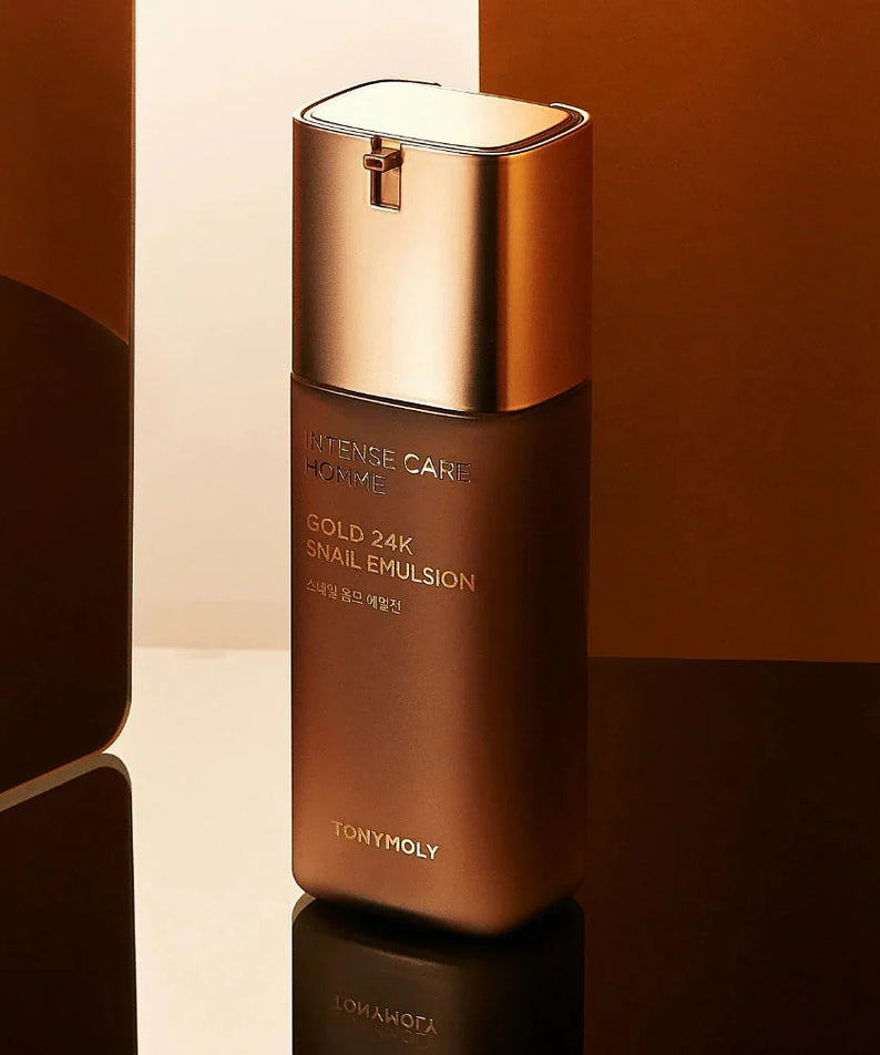 TONYMOLY Intense Care Gold 24K Snail Homme Emulsion 130ml bottle product shot for Gentleman Korea, luxury men’s skincare emulsion