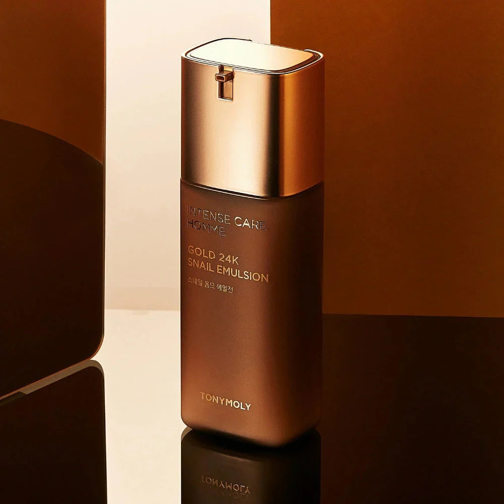TONYMOLY Intense Care Gold 24K Snail Homme Emulsion 130ml bottle product shot for Gentleman Korea, luxury men’s skincare emulsion
