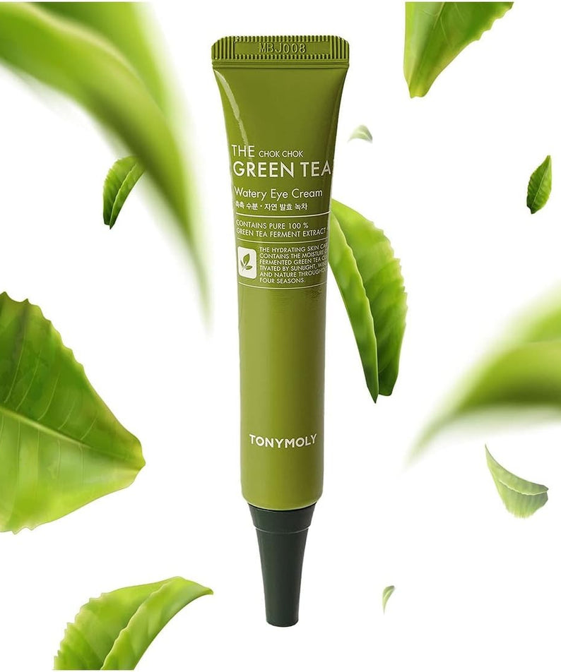 TONYMOLY More Moist Green Tea Moisture Eye Cream 30ml, skincare product in green tube with green tea leaves background
