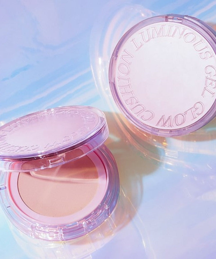 TONYMOLY My Luminouse Gel Glow Cushion 15g in pink packaging, open to show the cushion pad against a pastel background.