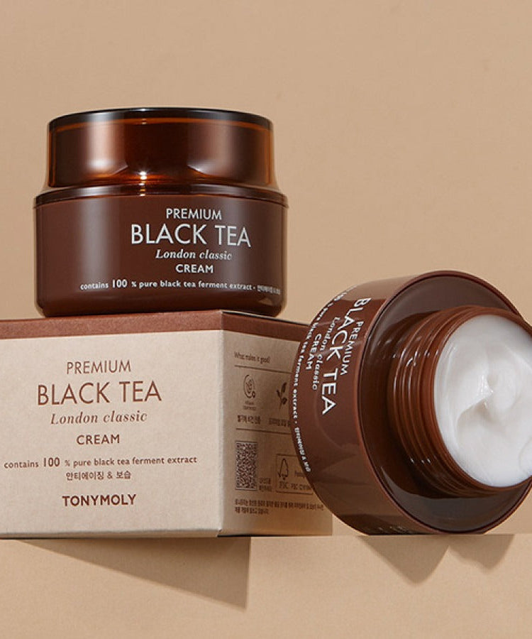 TONYMOLY Premium Blacck TeaLondon Classic Cream 50ml jar and packaging on display