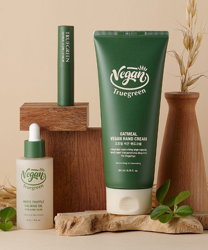 TONYMOLY Truegreen Oatmeal Vegan Hand Cream 200ml tube with additional skincare products in an elegant setup